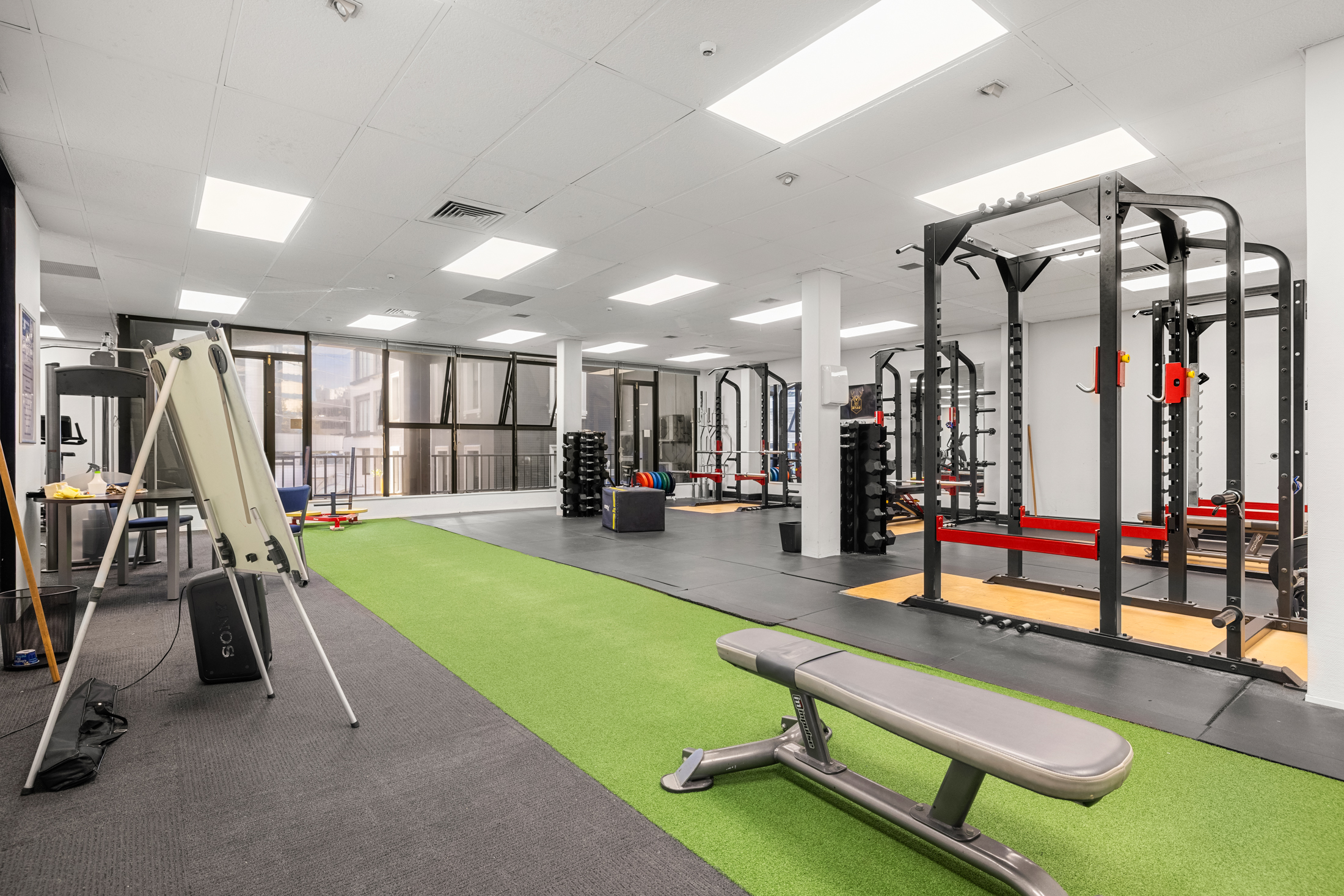 Commercial gym fitness floor with equipment